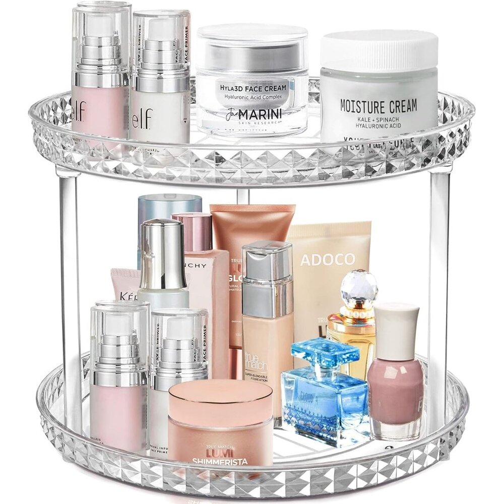 Women 2 Tier Diamond Lazy Susan Bathroom Organizer Countertop Rotating Cosmetic
